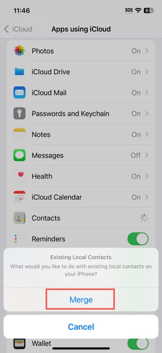 Merge in the iCloud Contacts settings