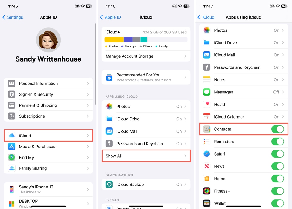 Contacts enabled in iCloud settings