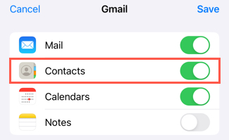 New Gmail account Contacts toggle
