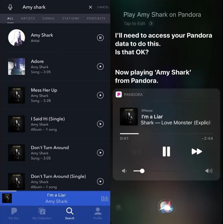 The Pandora app on iOS