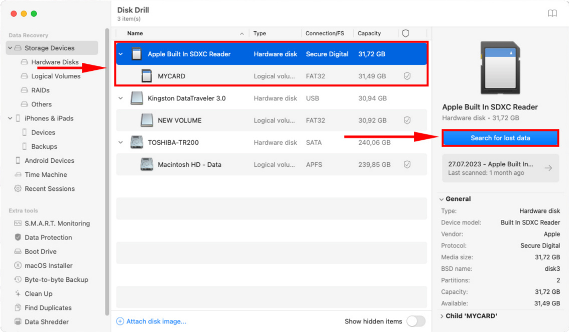 start scan sd card with disk drill