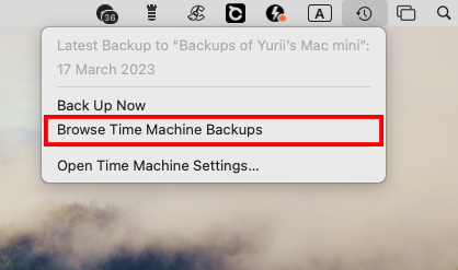 Enter Time Machine button in the Apple menu bar