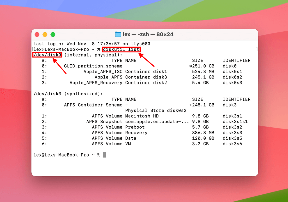 type command diskutil list, note your disk's indentifier, hit return