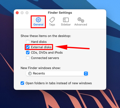 General tab in the Finder Preferences window