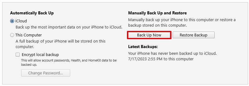 backup now in itunes