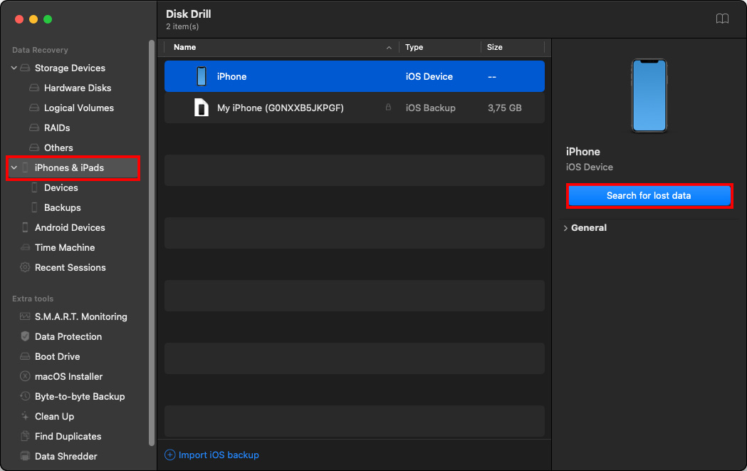 selecting iphone for recovery