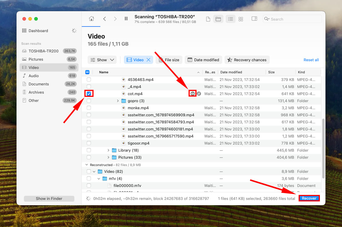 select files for recovery