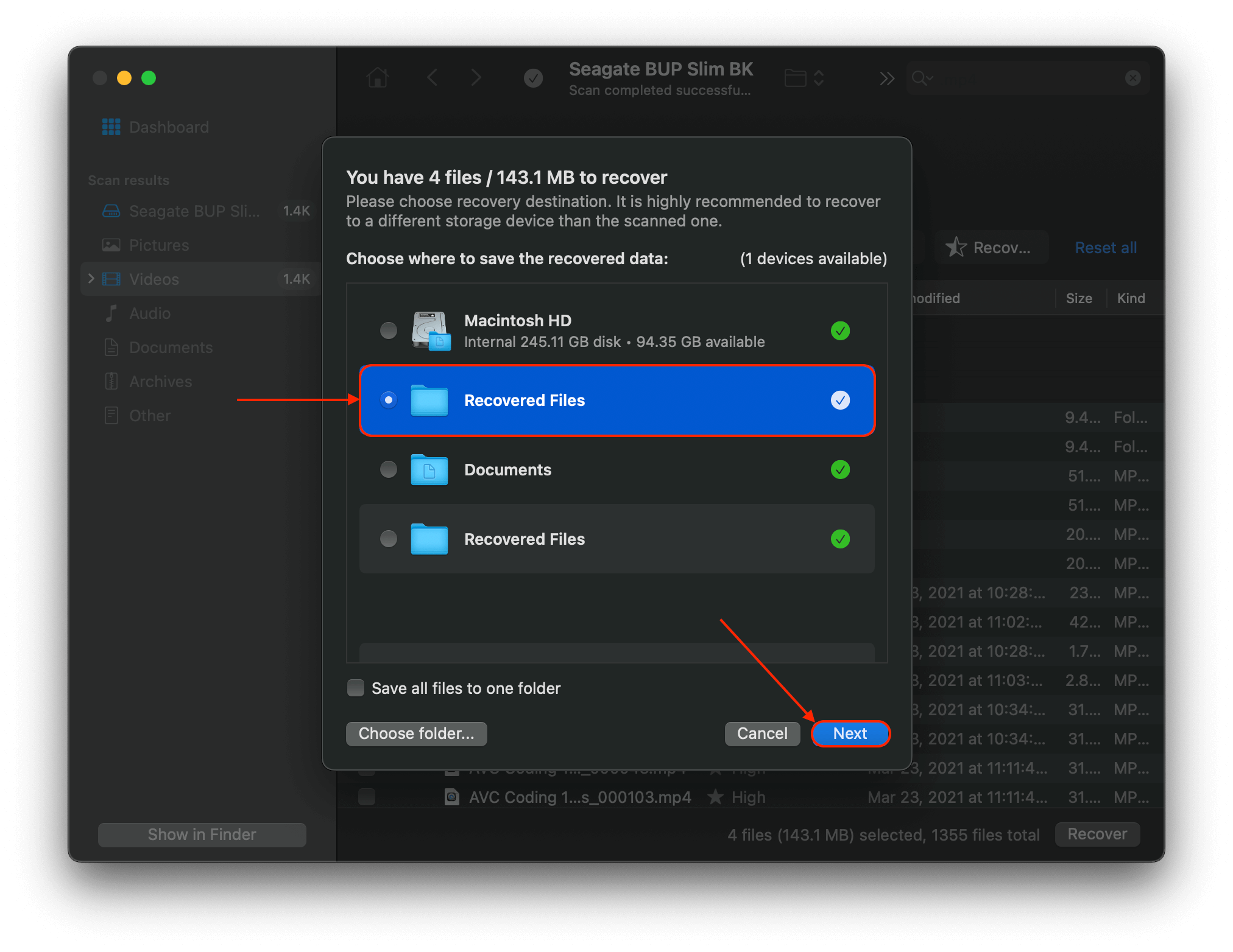 Disk Drill file destination selection