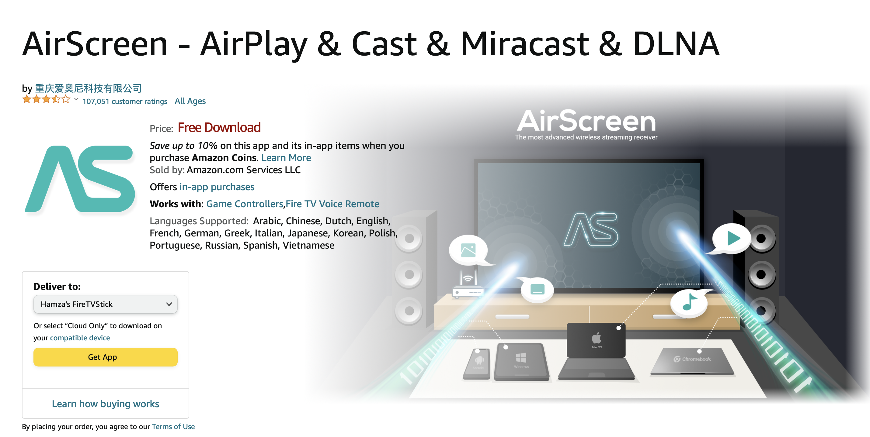 Transferring AirScreen to Firestick from the official Amazon site