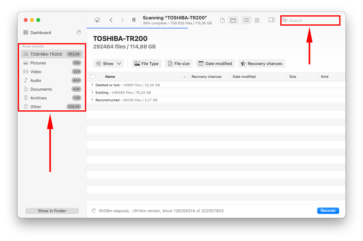 disk drill search and categories