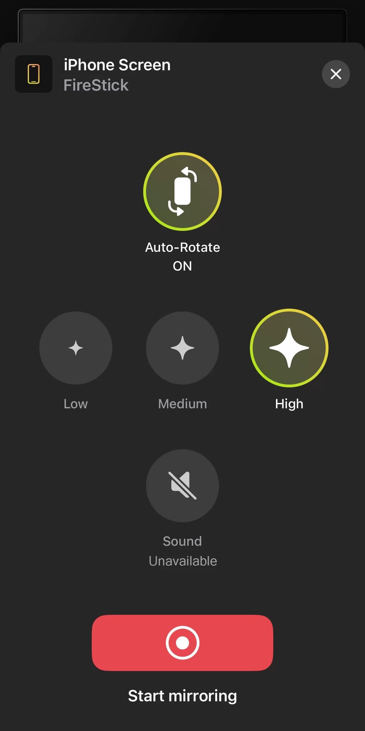 Adjust the settings and tap on the Start mirroring button in DoCast