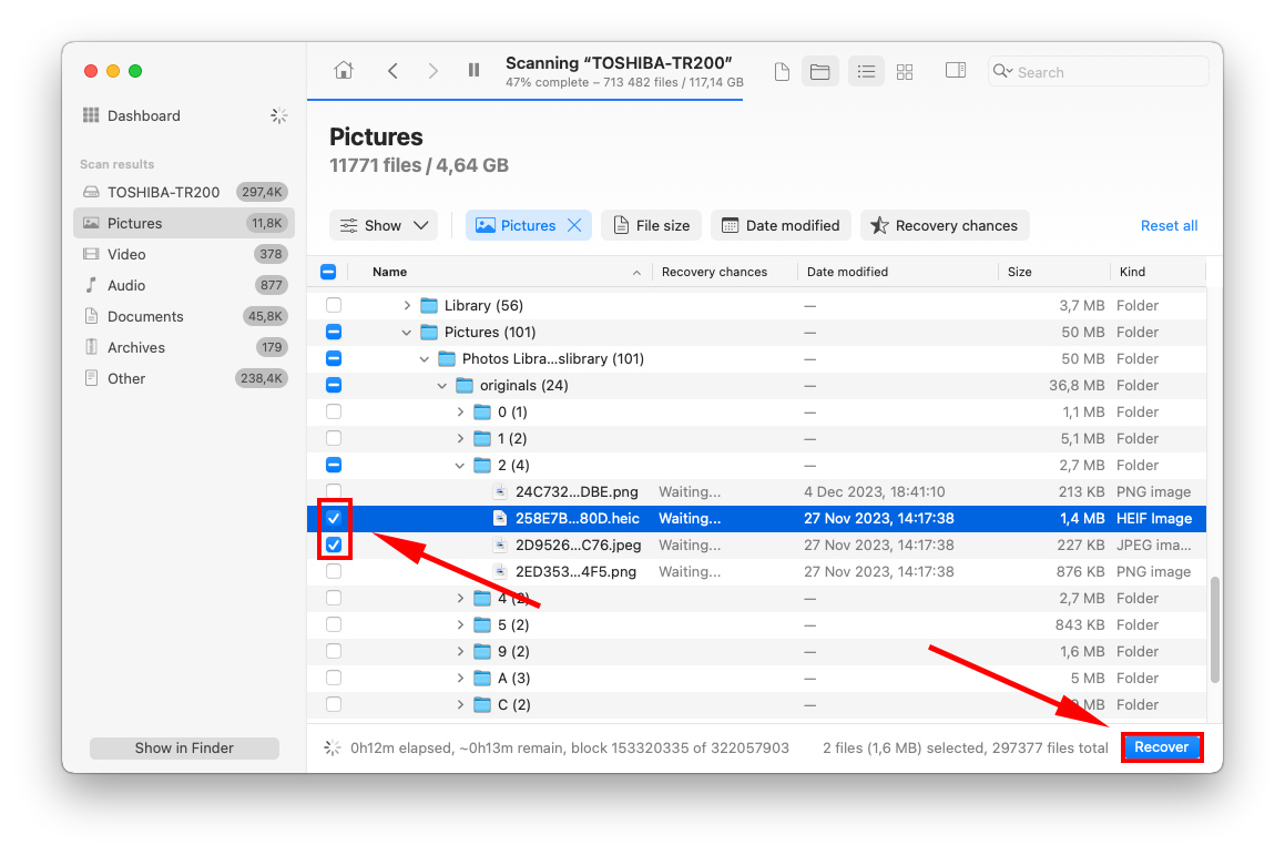 select files for recover