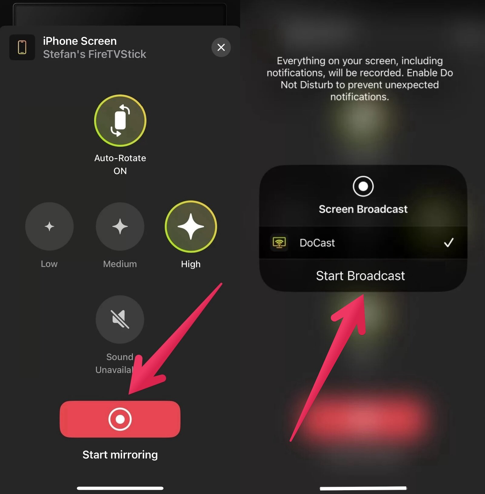 Tap on the Start mirroring and Start Broadcast button in DoCast