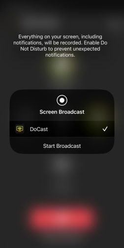 Tap on the Start Broadcast button in DoCast