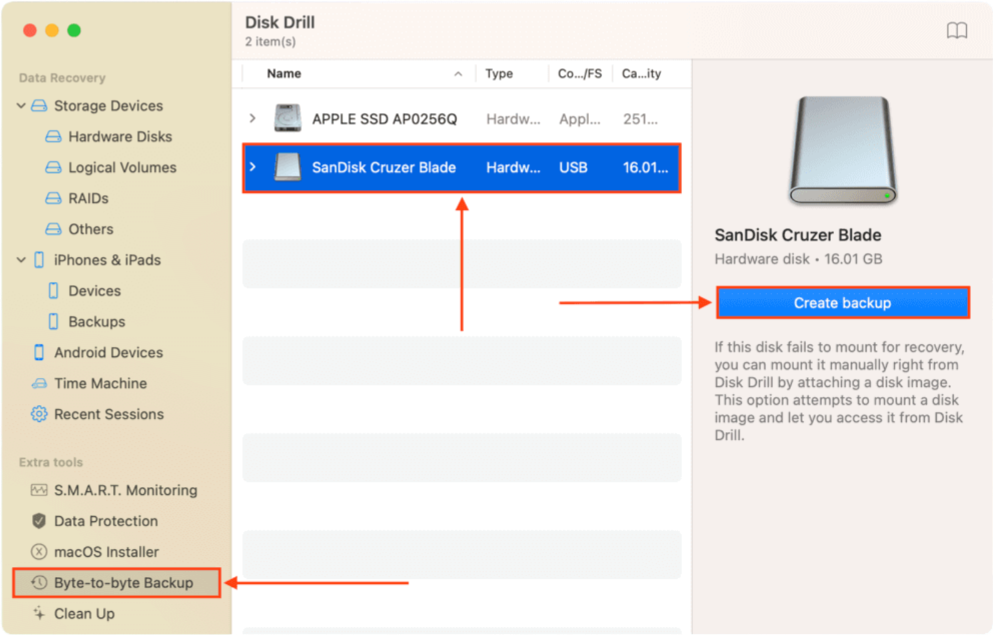 Disk Drill byte-to-byte backup screen