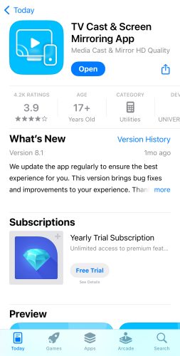TV Cast & Screen Mirroring App download page on the App Store