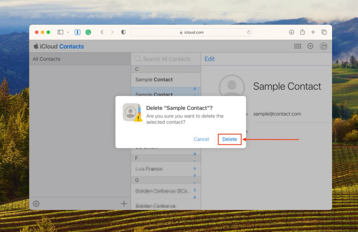 iCloud web contact deletion confirmation prompt