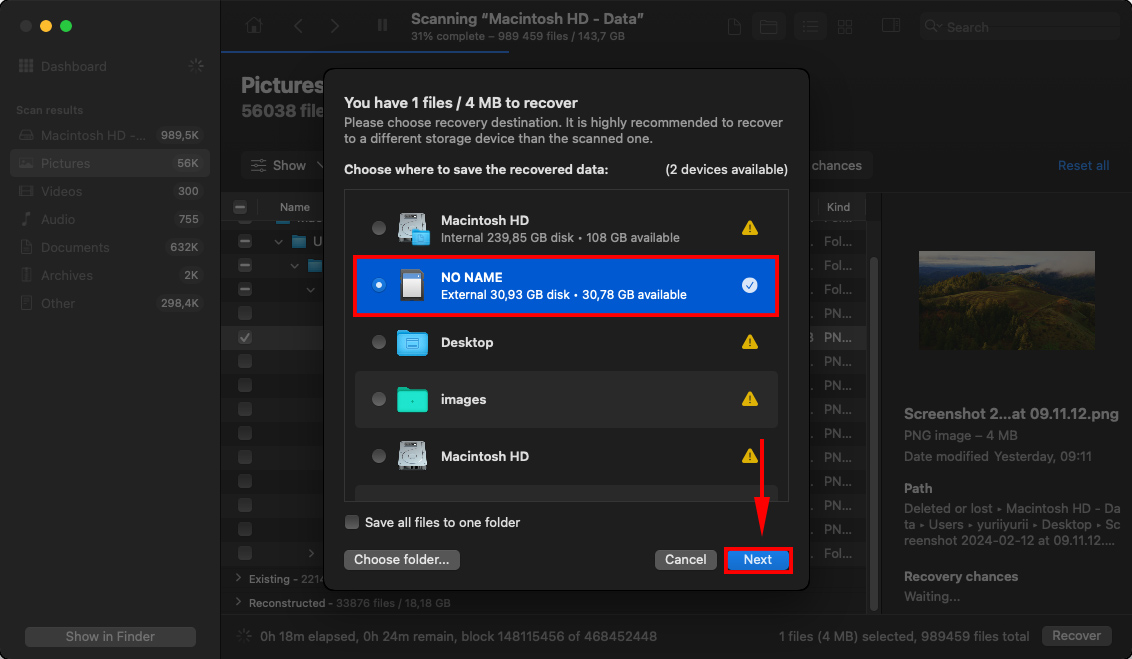 disk drill popup where you can choose your recovery destination folder with a pointer towards the the ok button