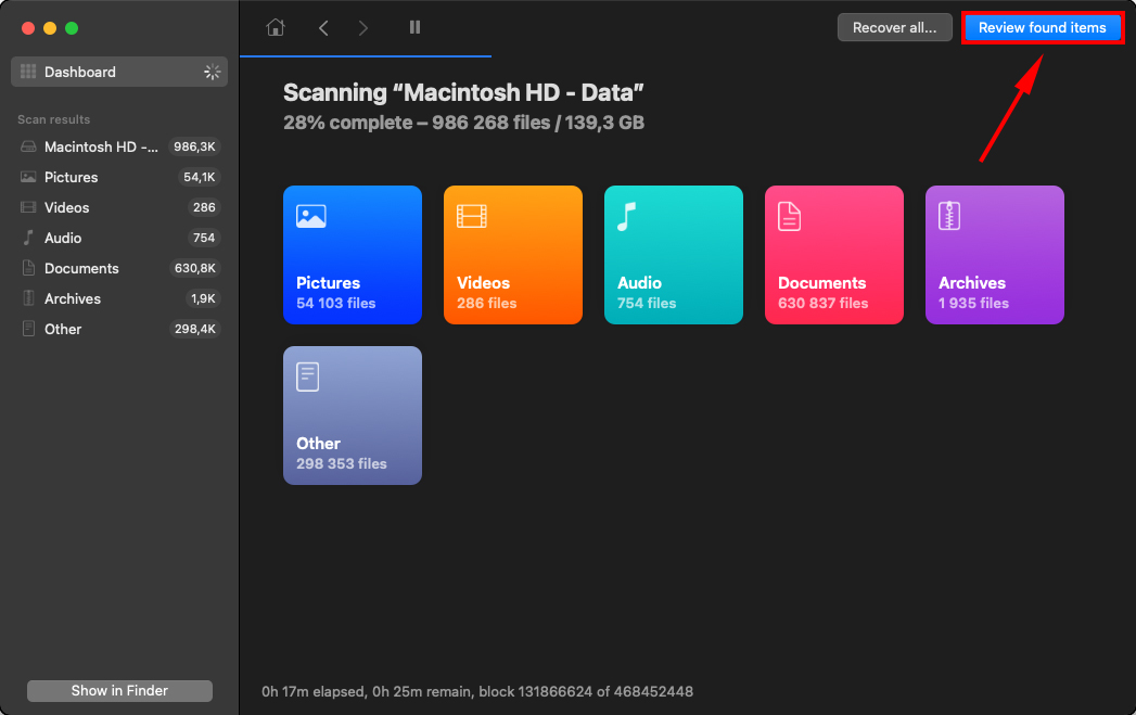 disk drill window showing file categories with a pointer towards the review found items button