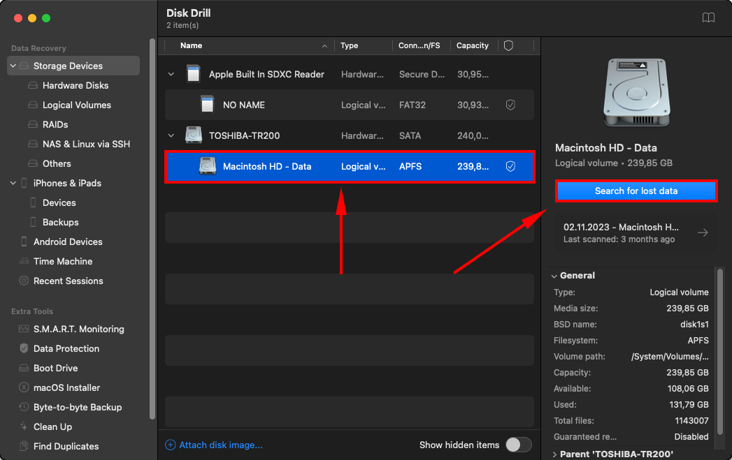 Disk drill window with a pointer towards the OS drive