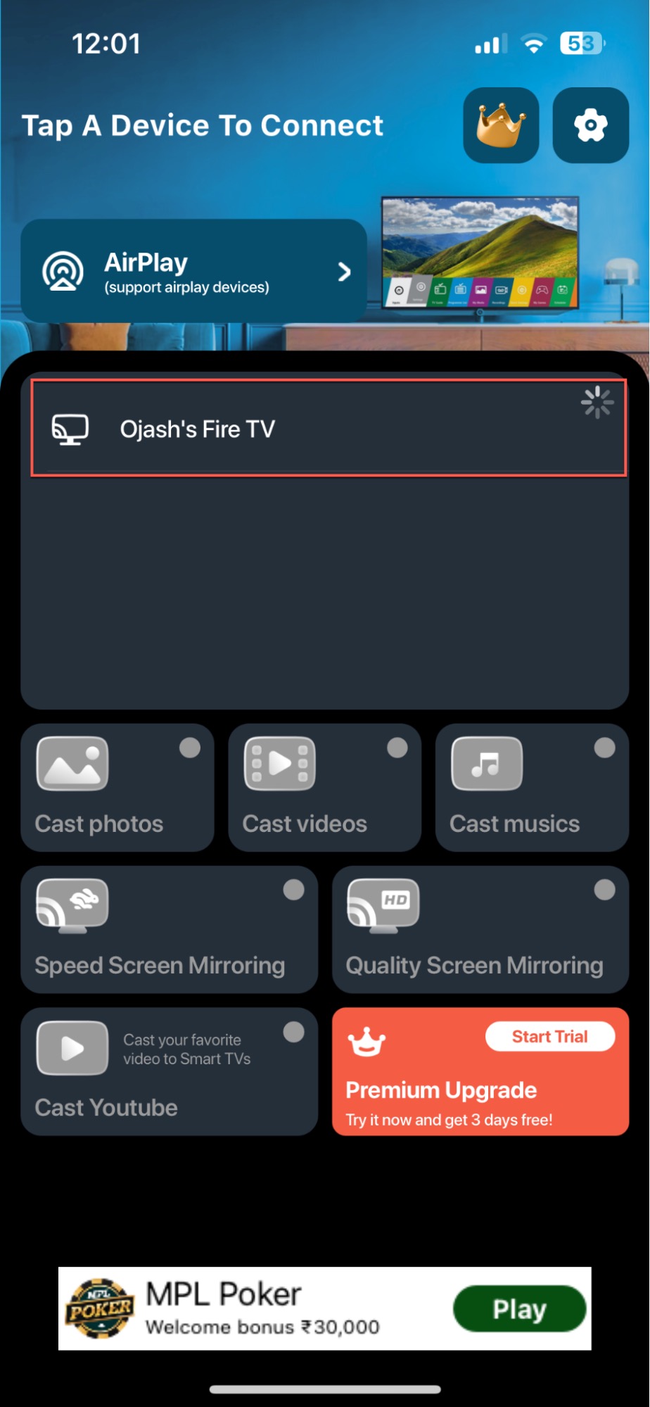 Select your Fire TV device in TV Cast & Screen Mirroring App