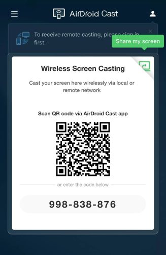 Enter the required code in the AirDroid Cast app before starting mirroring