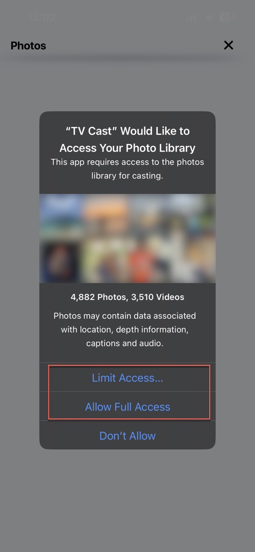 Allow TV Cast & Screen Mirroring App access to your photos on iPhone