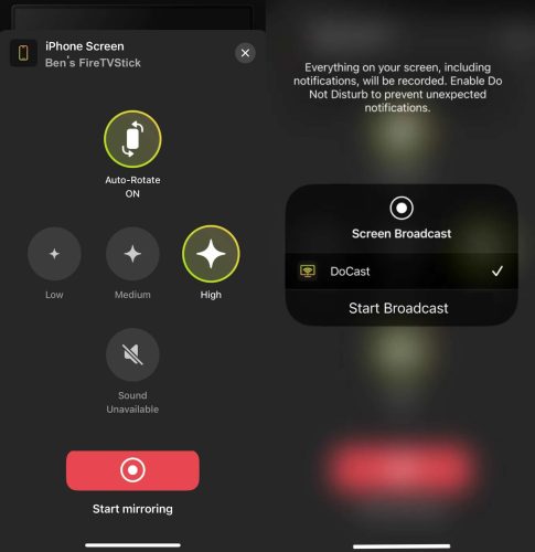 Tap on the Start mirroring and Start Broadcast buttons in DoCast