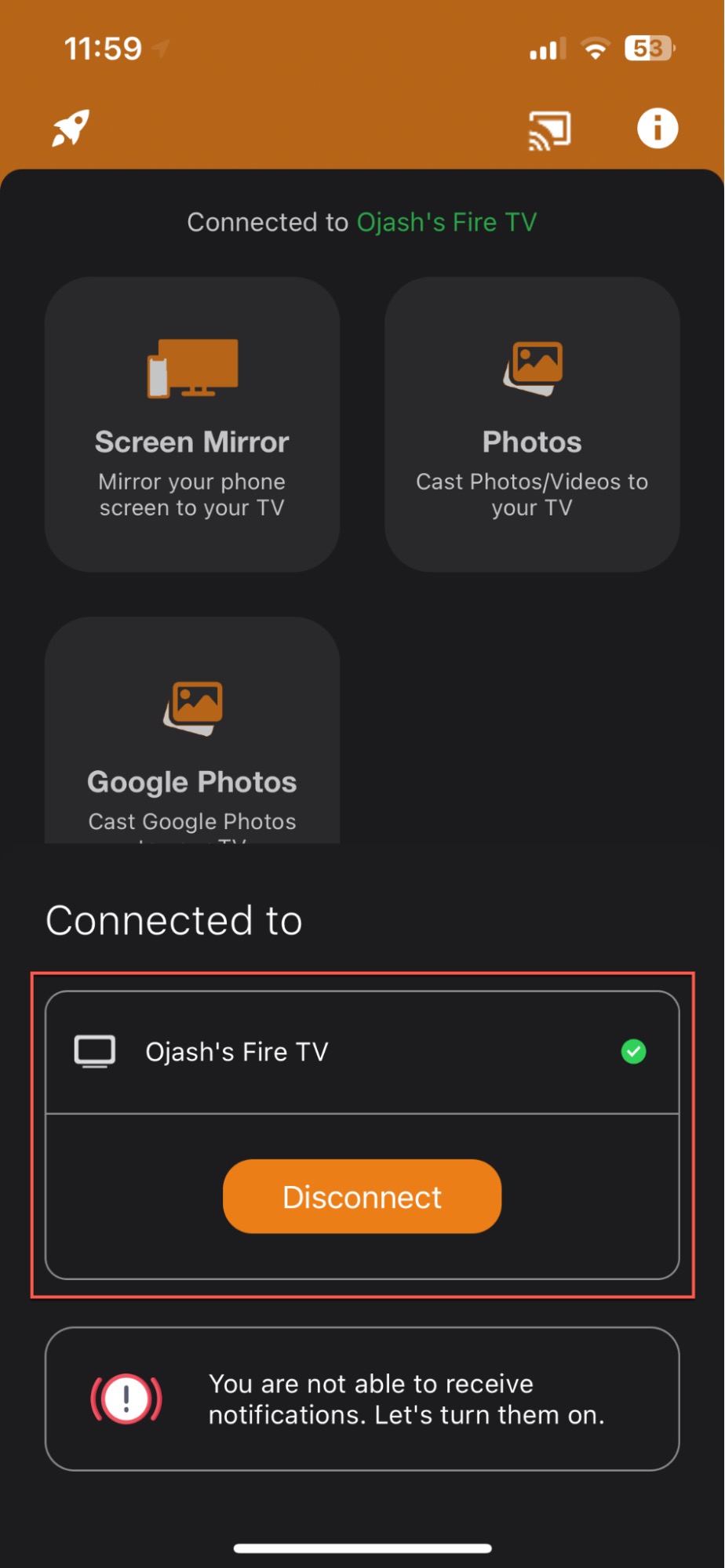 Select your Fire TV device in Screen Mirroring for Fire TV