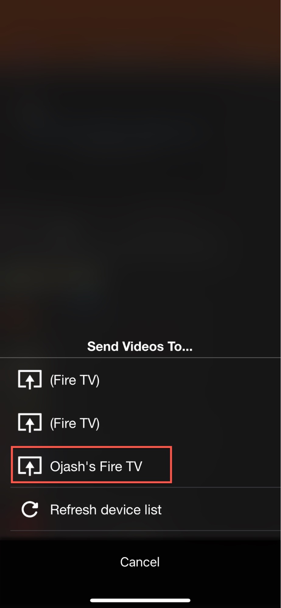 Select your Fire TV device from the list in iWebTV