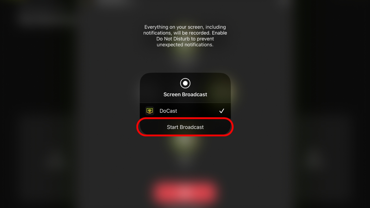 A screenshot of the DoCast screen mirror screen. A red oval circles the Start Broadcast button.