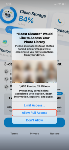 Access settings popup in the Boost Cleaner app
