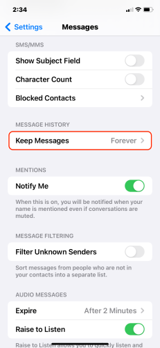 Message history settings