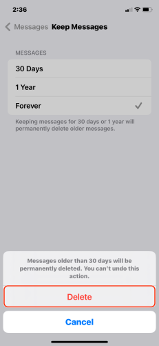 Duration selection for Messages history