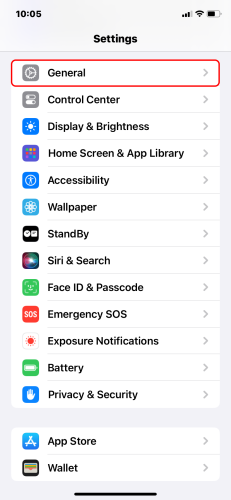 General option in the iOS Settings app
