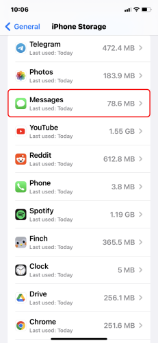 Messages app in the iPhone Storage menu