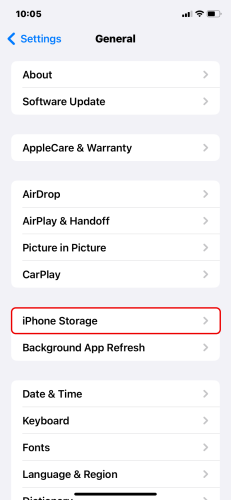 iPhone Storage option in the Settings app