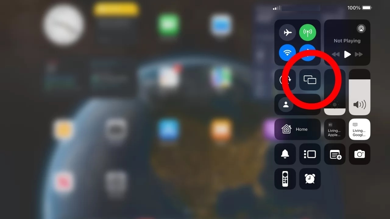 A screenshot of the iPad Control Panel with a red circle around the AirPlay button.