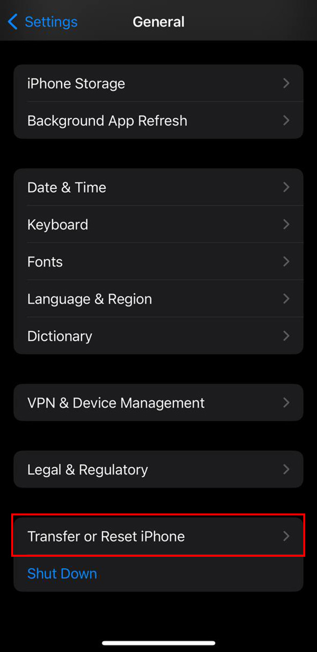 open Transfer or Reset iPhone menu