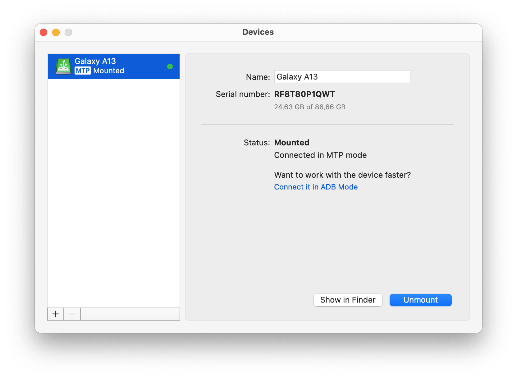 MTP mode of the MacDroid