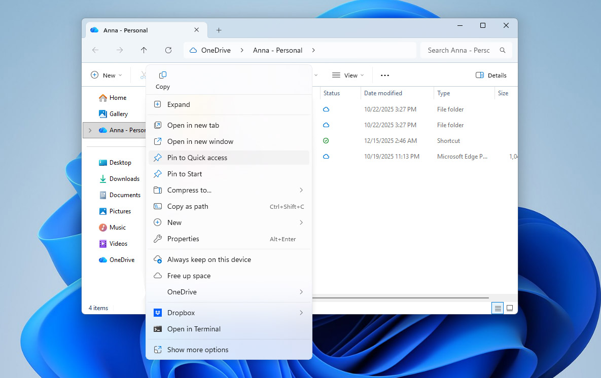 pin onedrive for quick access